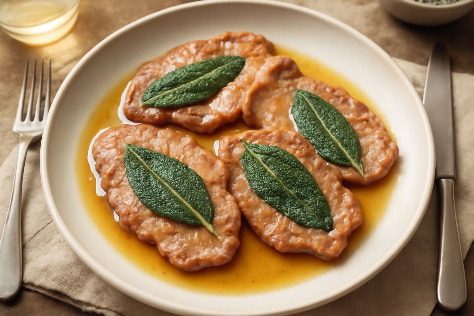 Quattro fettine di vitello dorate con foglie di salvia fresca adagiate su un piatto bianco, cosparse di riduzione di vino e contorno di limone fresco