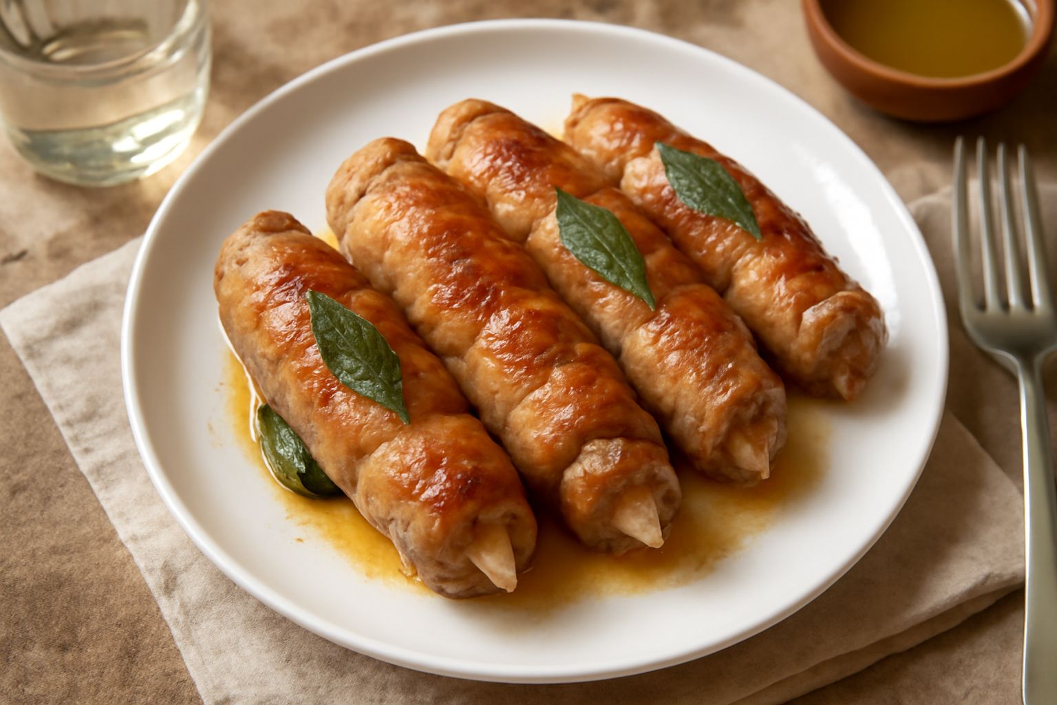 Tre saltimbocca alla marchigiana in padella di ferro, con formaggio fuso appena visibile tra la carne e la salvia verde, cosparsi di burro dorato e succo di cottura trasparente