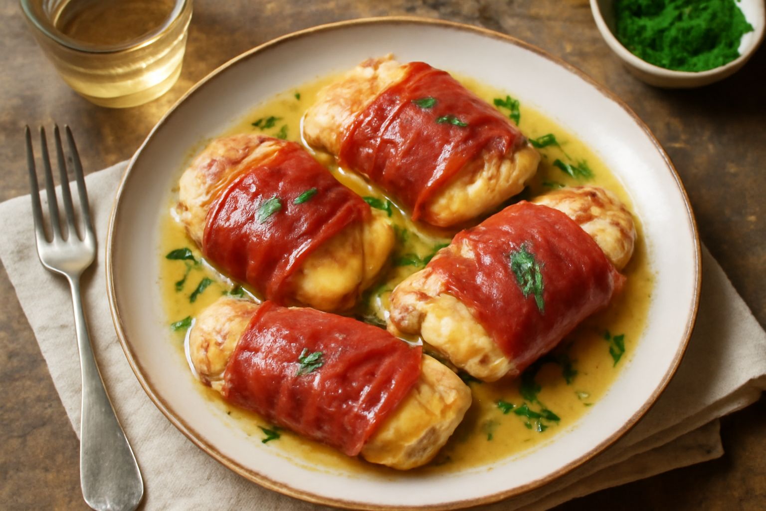 Quattro saltimbocca alla messinese disposti nel piatto, rivestiti di prosciutto scuro e formaggio dorato, con salsa al vino bianco intorno e prezzemolo fresco sparso in superficie