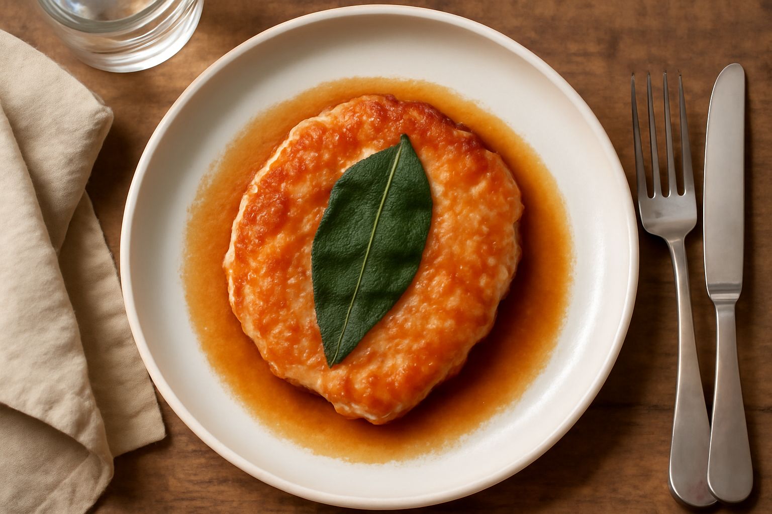 Tre saltimbocca dorati in padella, ricoperti di salvia verde, con il brodo che sfuma attorno, impiattati su ceramica bianca con contorno di riso giallo burro