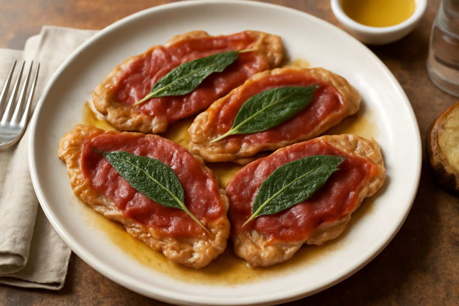 Saltimbocca dorato e tiepido nel piatto bianco, ricoperto di prosciutto rosso e foglie di salvia, con un contorno di limone a spicchi