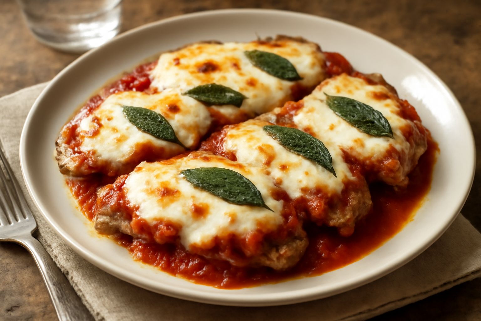 Saltimbocca alla parmigiana in piatto bianco: fette di vitello coperte di mozzarella fusa color oro, salvia verde scuro sulle fette, ragù rosso tra gli strati, bordo di formaggio croccante leggermente
