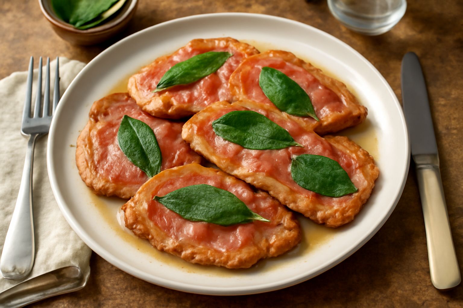 Tre fettine di vitello color rosato dorate, coperte di salvia verde e prosciutto rosa chiaro, appoggiate su un piatto bianco con succo di cottura ambrato ai lati