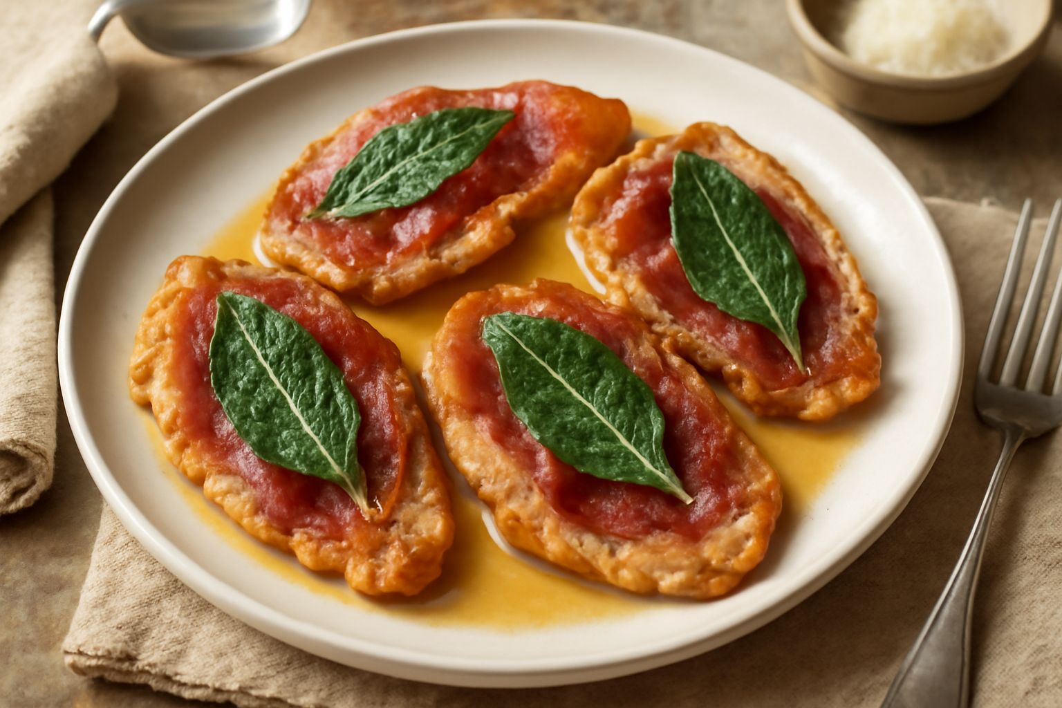 Saltimbocca alla pesarese in un piatto bianco, fettine dorate di carne con prosciutto e salvia visibili in superficie, accompagnate da limone fresco affettato