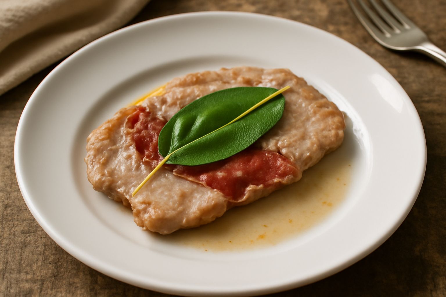 Tre fettine di vitello grigio dorate in padella, avvolte in prosciutto rosato, guarnite di foglia di salvia verde, con fondo sfumato di vino bianco e burro lucido nel piatto bianco