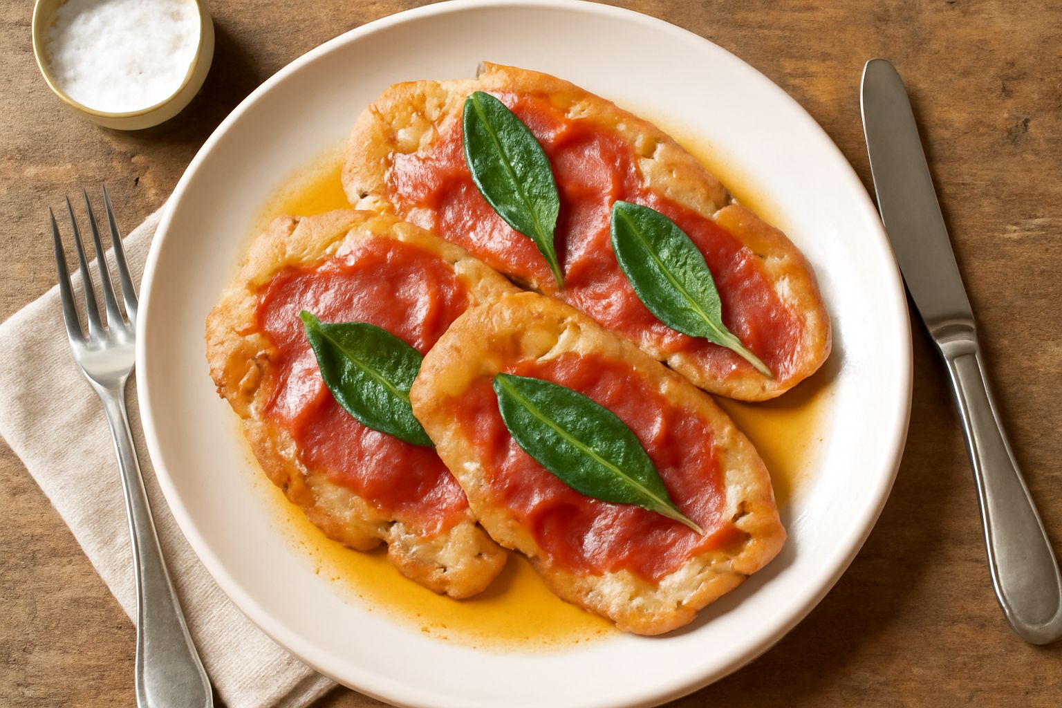 Tre saltimbocca alla romagnola disposti nel piatto, leggermente dorati, con foglie di salvia verde scuro visibili, accompagnati da una riduzione di vino bianco leggera e contorno di verdure crude.