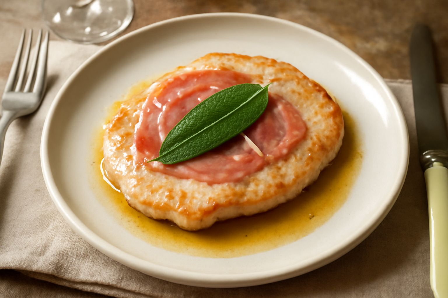 Tre fettine di saltimbocca dorato in un piatto bianco, ricoperte di prosciutto rosa e foglie di salvia verde, con un cucchiaio di sughetto brunastro attorno