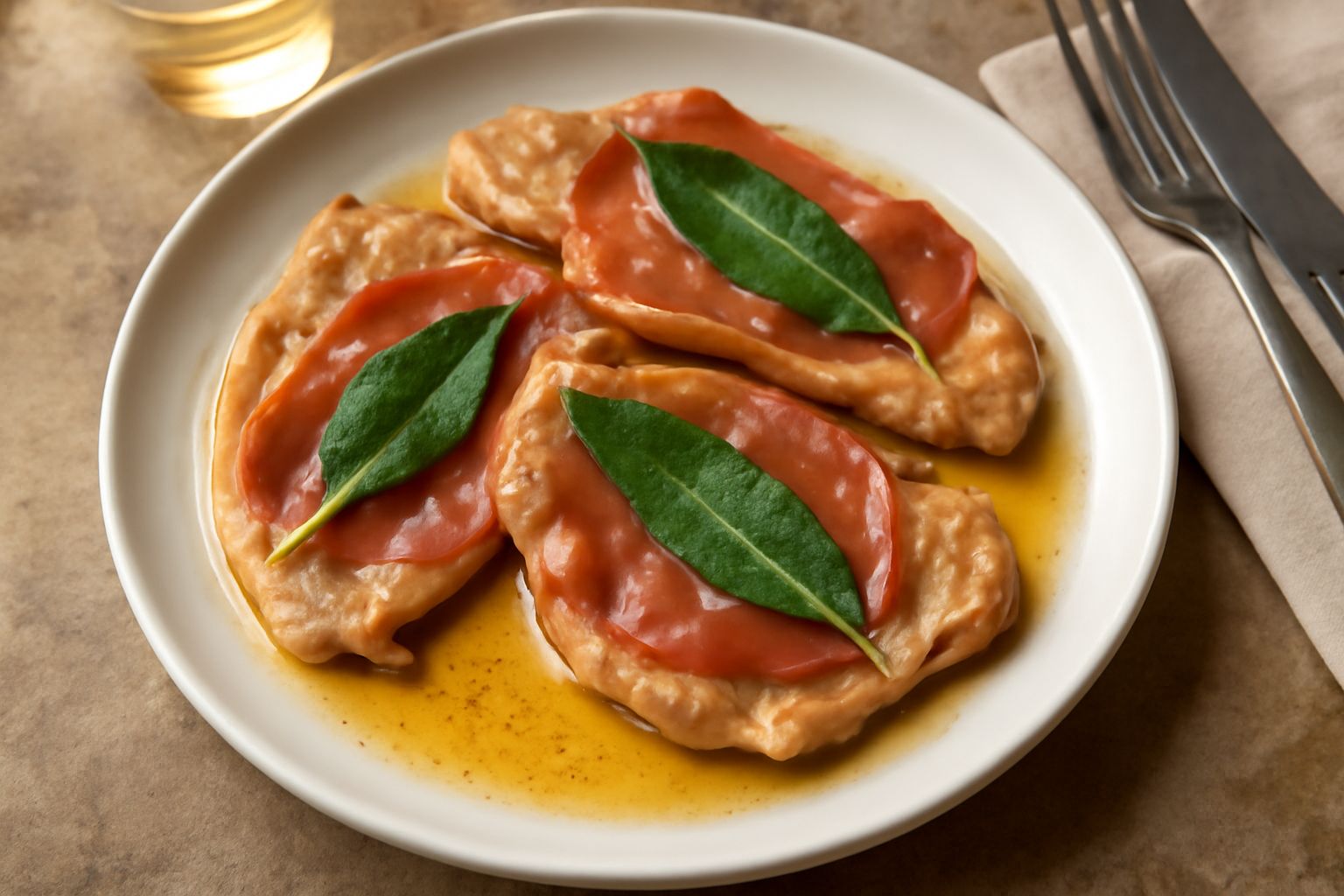 Saltimbocca dorati su un piatto bianco, fettine di maiale arrotolate con prosciutto crudo visibile, spolverati di salvia fresca, con un filo di sugo di vino bianco intorno