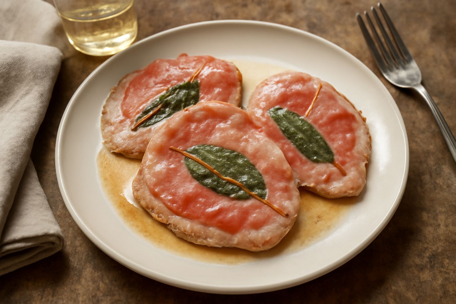 Tre saltimbocca dorati in padella, coperti di prosciutto rosa e salvia verde, con burro e vino bianco fumante, su piatto bianco in primo piano