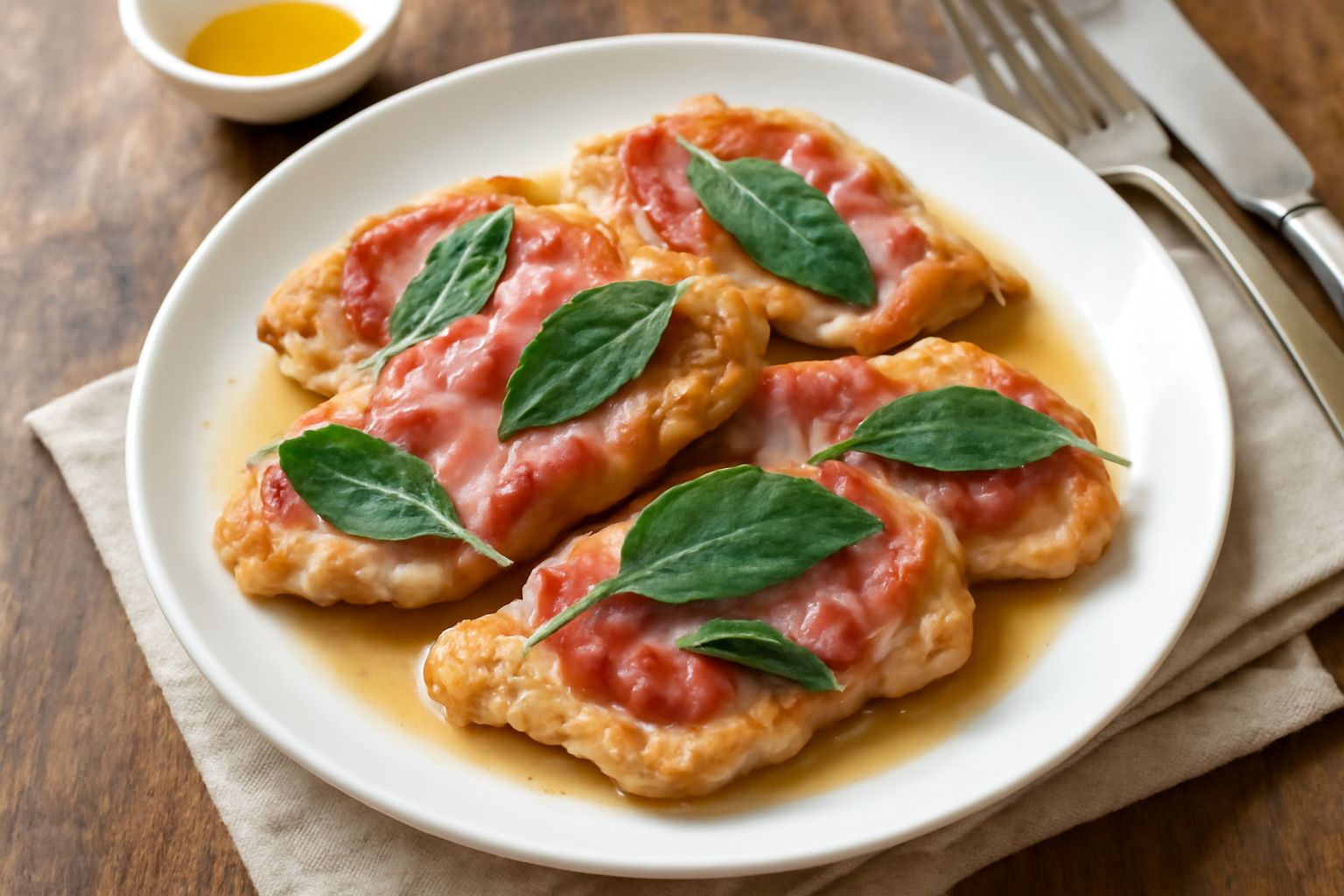 Tre fettine di vitello dorate e croccanti, coperte di prosciutto crudo rosato e foglie di salvia verde, su piatto bianco, accompagnate da limone giallo e una spruzzata di vino