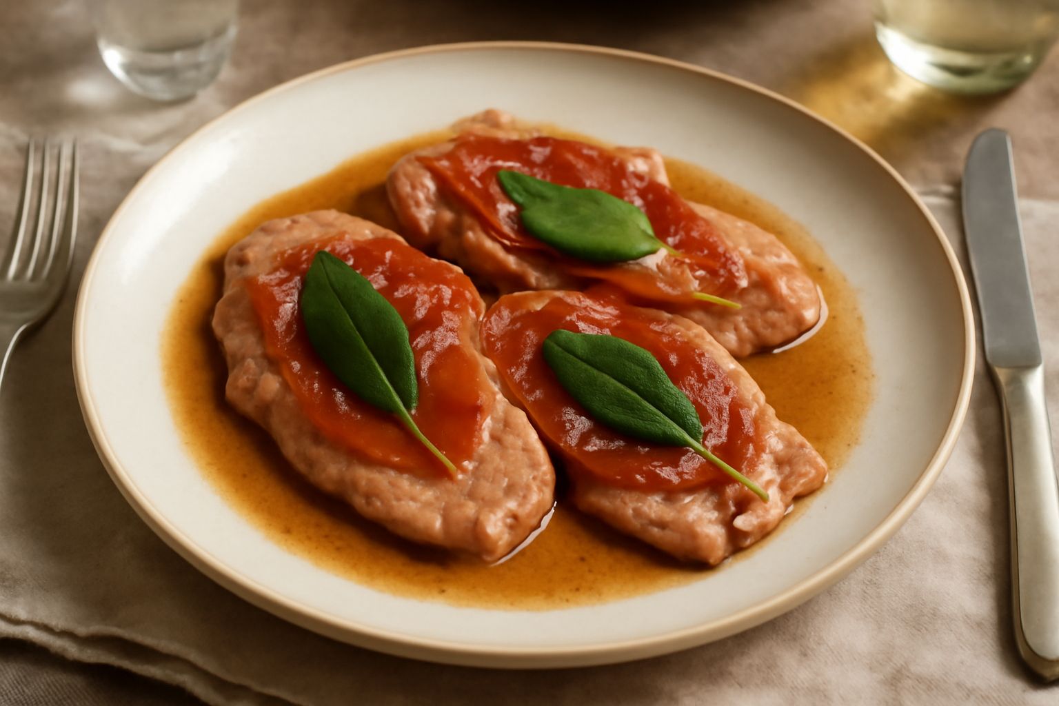 Due fettine di vitello coperte di prosciutto e salvia, dorate e lucide, disposte nel piatto bianco con riduzione di vino intorno e un rametto di salvia fresca a fianco