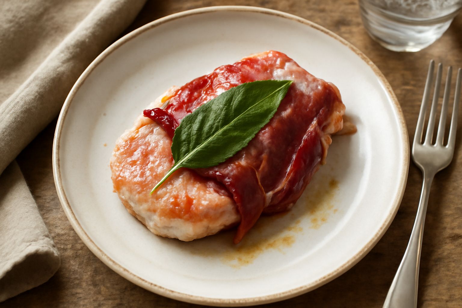 Due saltimbocca dorati in padella con filo di speck scuro avvolto intorno a fettine di vitello rosa, foglia di salvia verde, fondo di burro e brodo leggermente ambrato