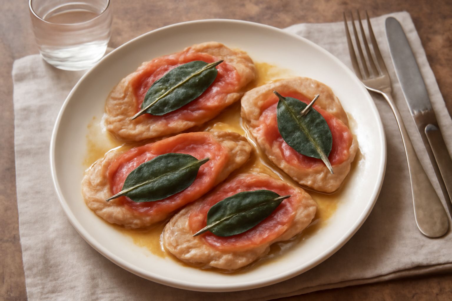 Quattro fettine di vitello dorate coperte di prosciutto crudo e salvia fresca, adagiate in un piatto bianco con contorno di verdure cotte al vapore e un filo di vino bianco nei depositi della padella