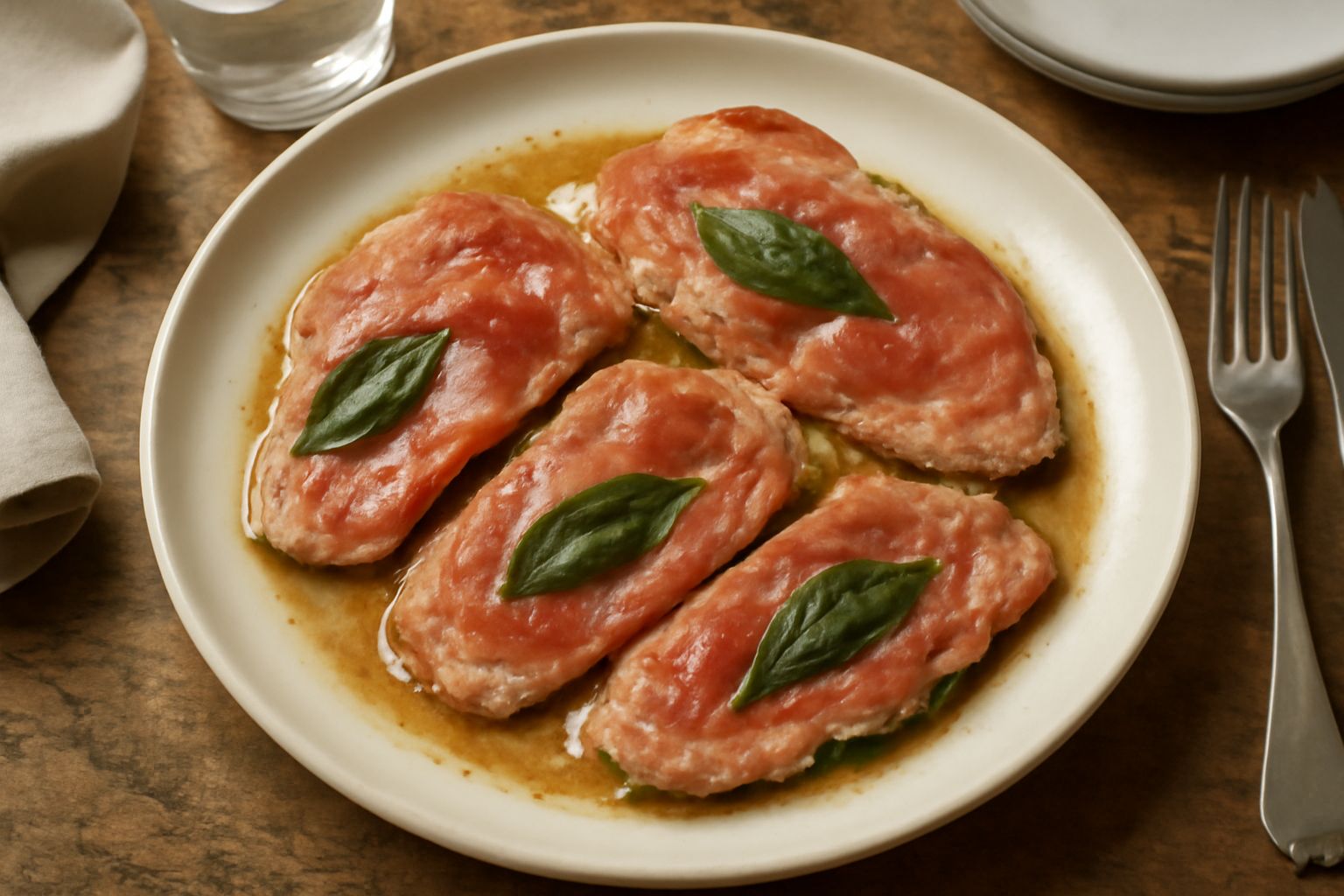 Tre fettine di saltimbocca di abbacchio dorate in padella, ricoperte di prosciutto rosa e foglie di salvia verde, con gocce di burro fuso intorno