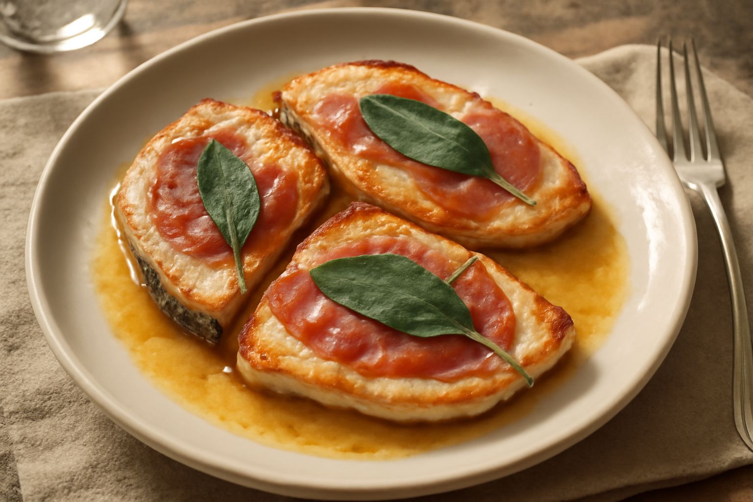 Tre fette di pesce spada avvolte in prosciutto rosa e foglie verdi di salvia, dorate in padella, con una salsa bianca e un limone affettato nel piatto bianco