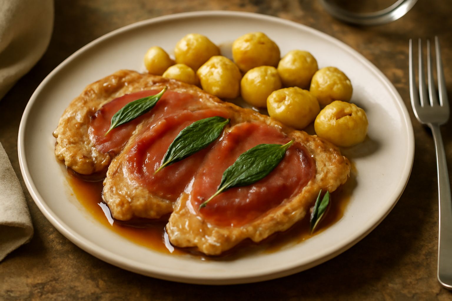 Tre saltimbocca dorati disposti su un piatto bianco, con prosciutto rosso ben visibile attaccato alla carne, foglioline di salvia verde e un filo di sugo di carne scuro