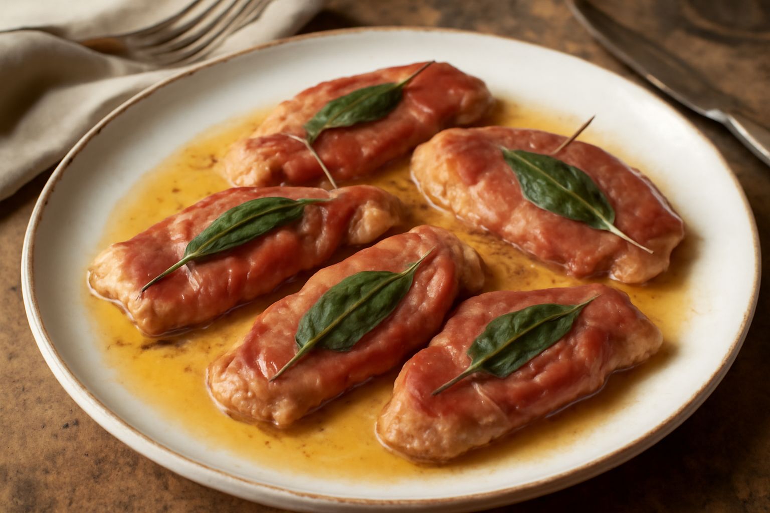 Quattro saltinbocca dorati in una padella antiaderente, avvolti in prosciutto rosa pallido, foglie di salvia verdi visibili, una pozza di vino e burro nel fondo, limone fresco sullo sfondo sfocato