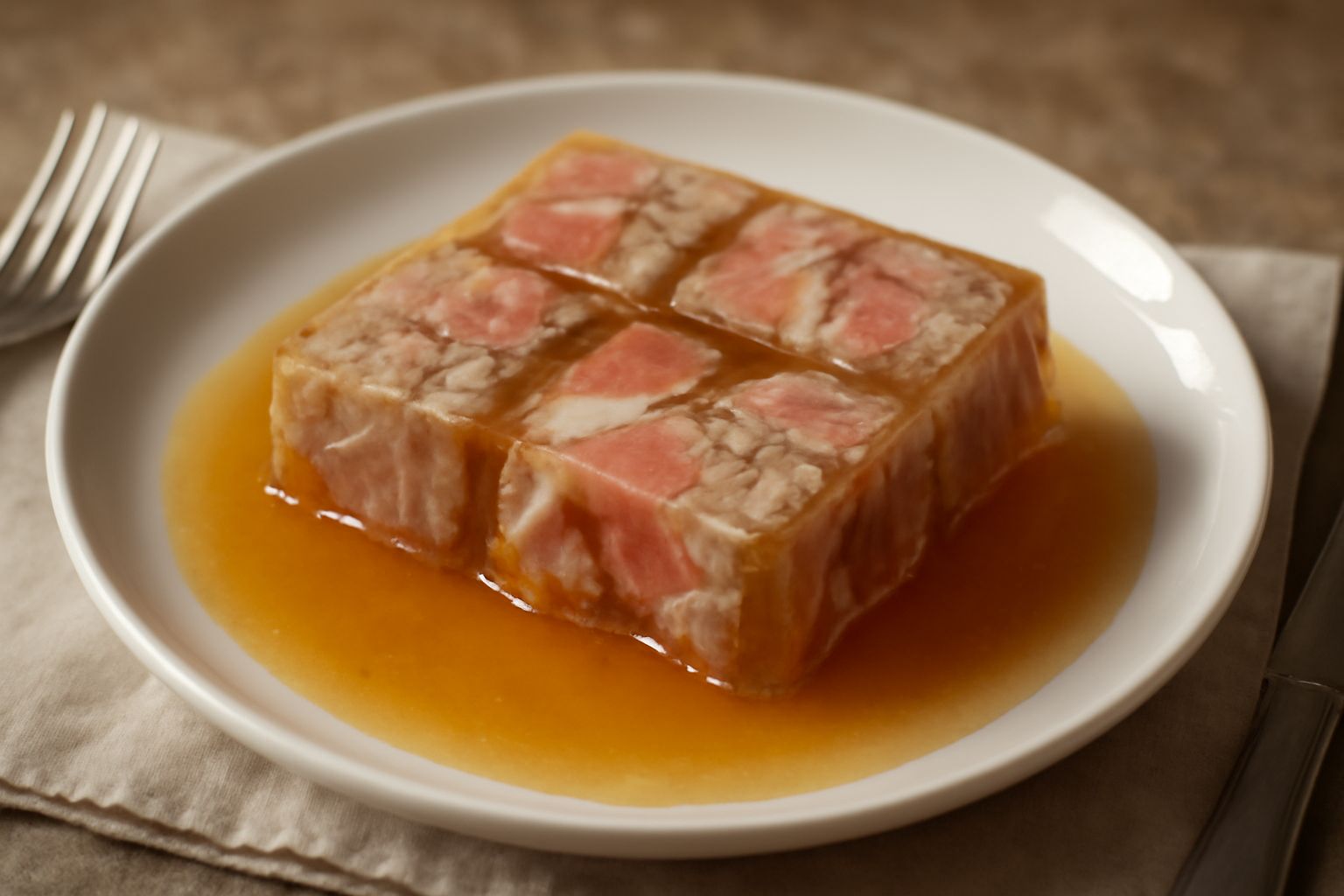 Fette di salumeria in gelatina in un piatto bianco, carne rosa e grigia circondata da gelatina trasparente ambrata, contorno di insalata fresca e limone a spicchi