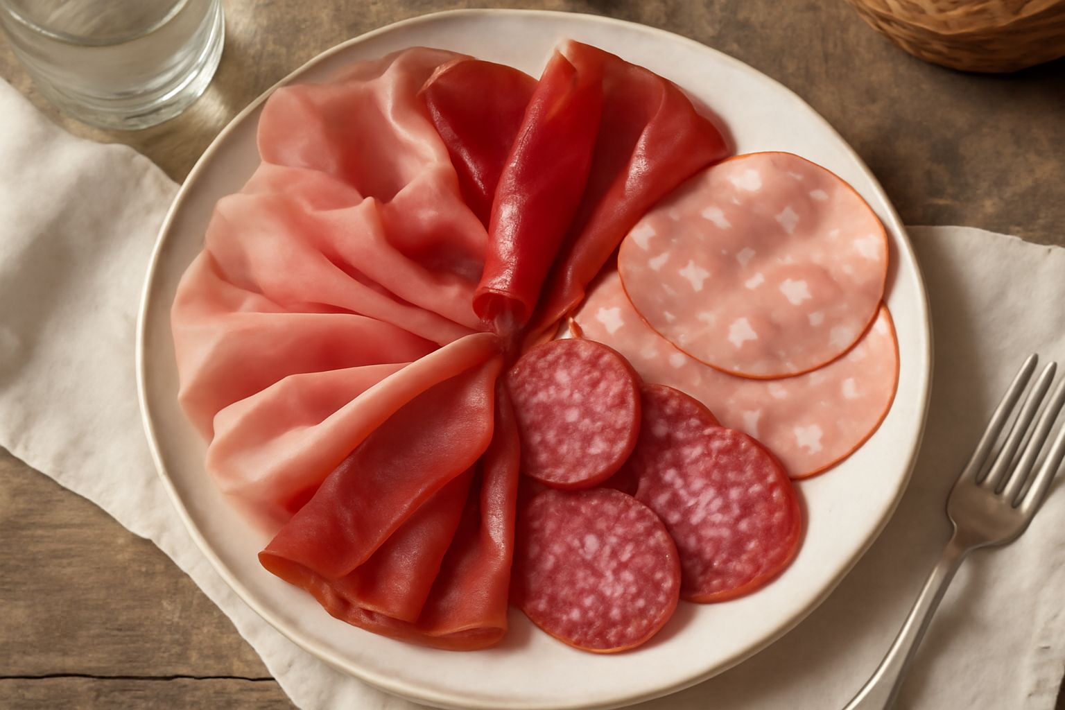 Piatto bianco con assortimento di salumi affettati: prosciutto crudo rosa pallido, speck scuro, mortadella con pepite bianche, salame rosso scuro, guanciale marmorizzato. Accompagnati da fette di pane