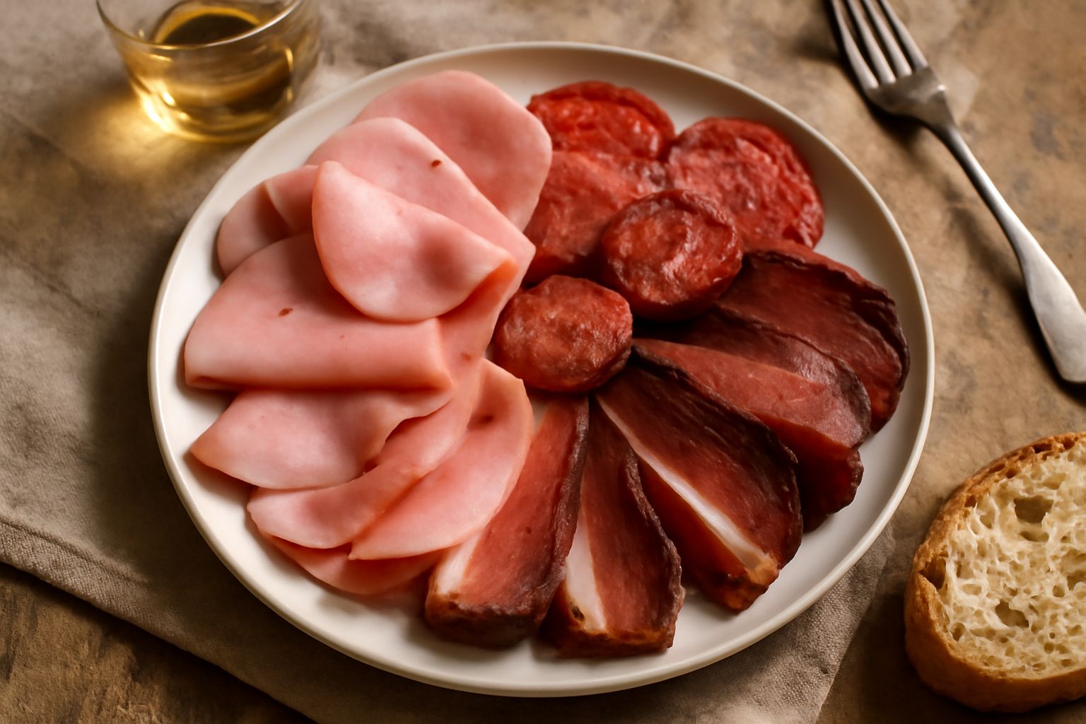 Assortimento di salumi astigiani affettati su tavola di legno: salsiccia rossa, speck affumicato, guancia stagionata, contornati da pane tostato e peperoncini, con texture rosata e scura ben visibile