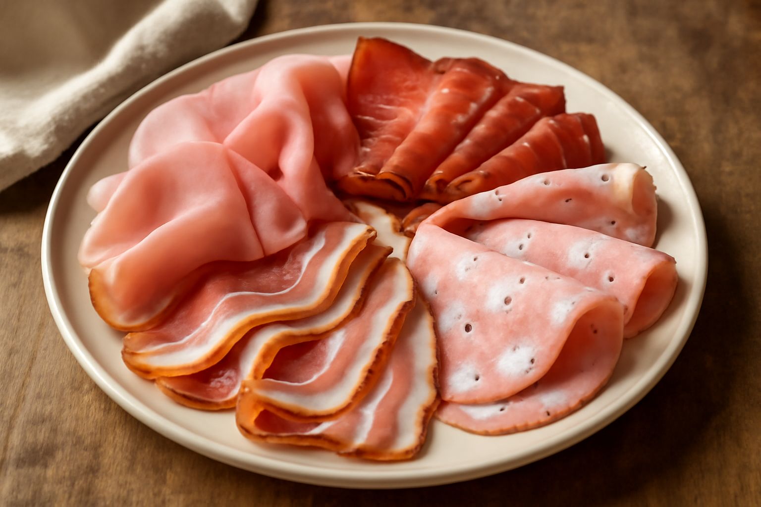 Prosciutto affettato in fette sottili, speck affumicato, pancetta e mortadella disposti su un piatto bianco con accanto pane tostato, formaggi e verdure crude di colore verde e rosso