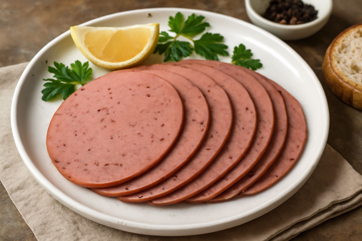 Affettato di salume di Montalto rosa-rosso scuro, tagliato a fette sottili su un tagliere in legno biondo, con spezie visibili sulla superficie e pepe nero macinato
