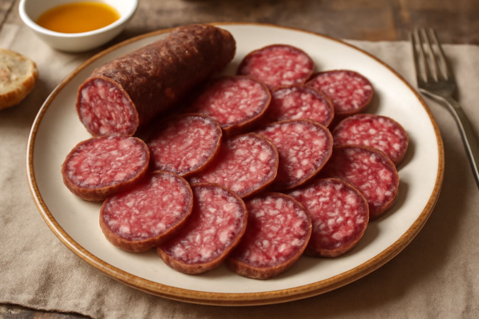 Fette di salume rosa e bianco leggermente marmorizzato, affilate con coltello, su tavolo di legno scuro accanto a grani di pepe nero e rami di alloro fresco