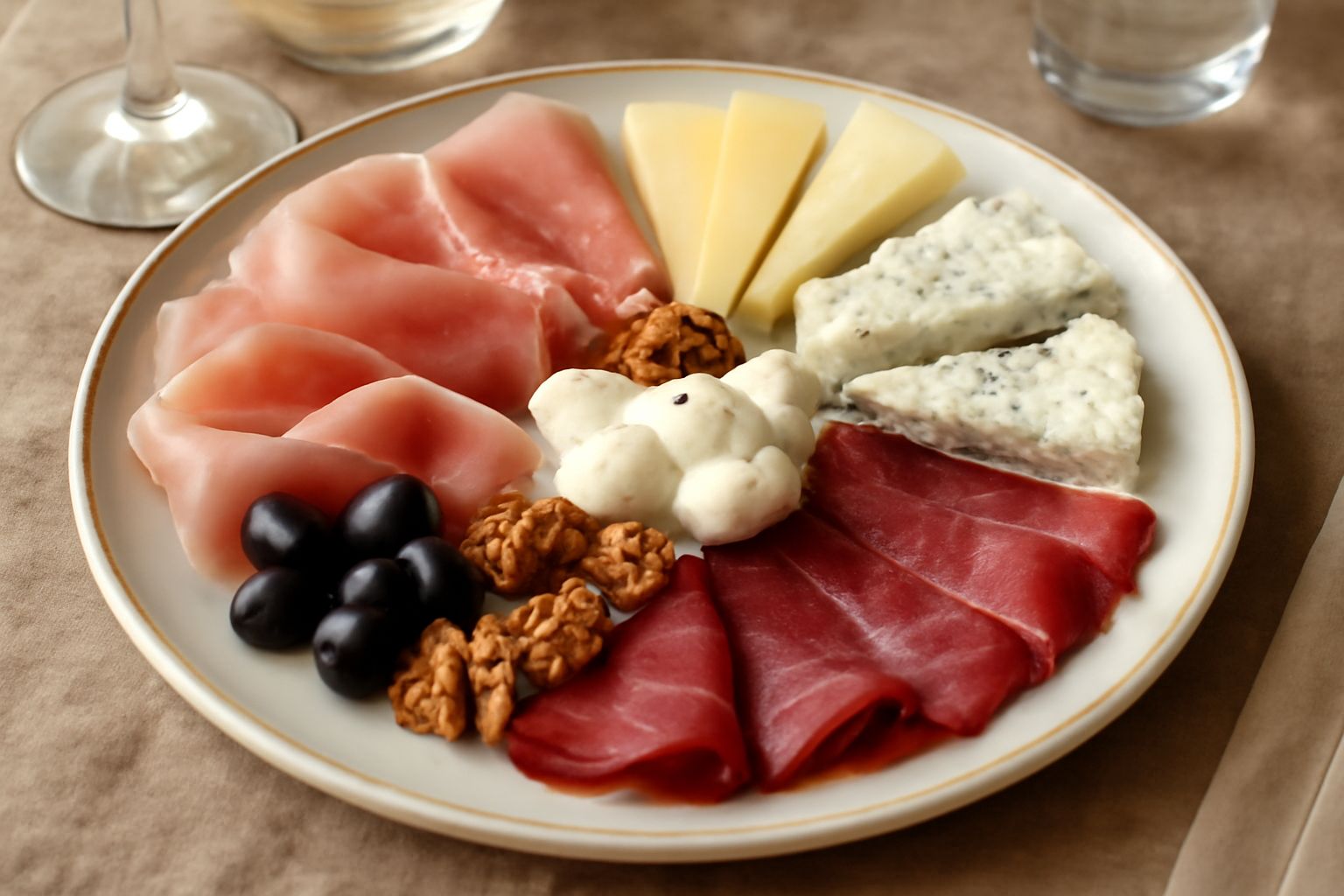 Tagliere rettangolare di legno con fette di prosciutto arrotolate, cubetti di caciotta bianca e affumicata, pezzi di speck dorato, formaggio blu marmorizzato, olive nere in una ciotola, noci sgusciate