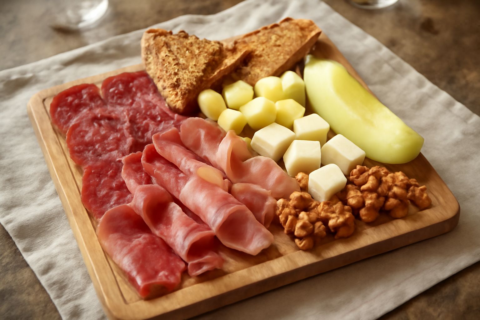 Tagliere di legno rettangolare con fette di salumi rossi e rosa pallido, cubetti e fette di formaggi bianchi e giallognoli, accompagnati da pane tostato, noci e miele in vasetto piccolo, su sfondo neu