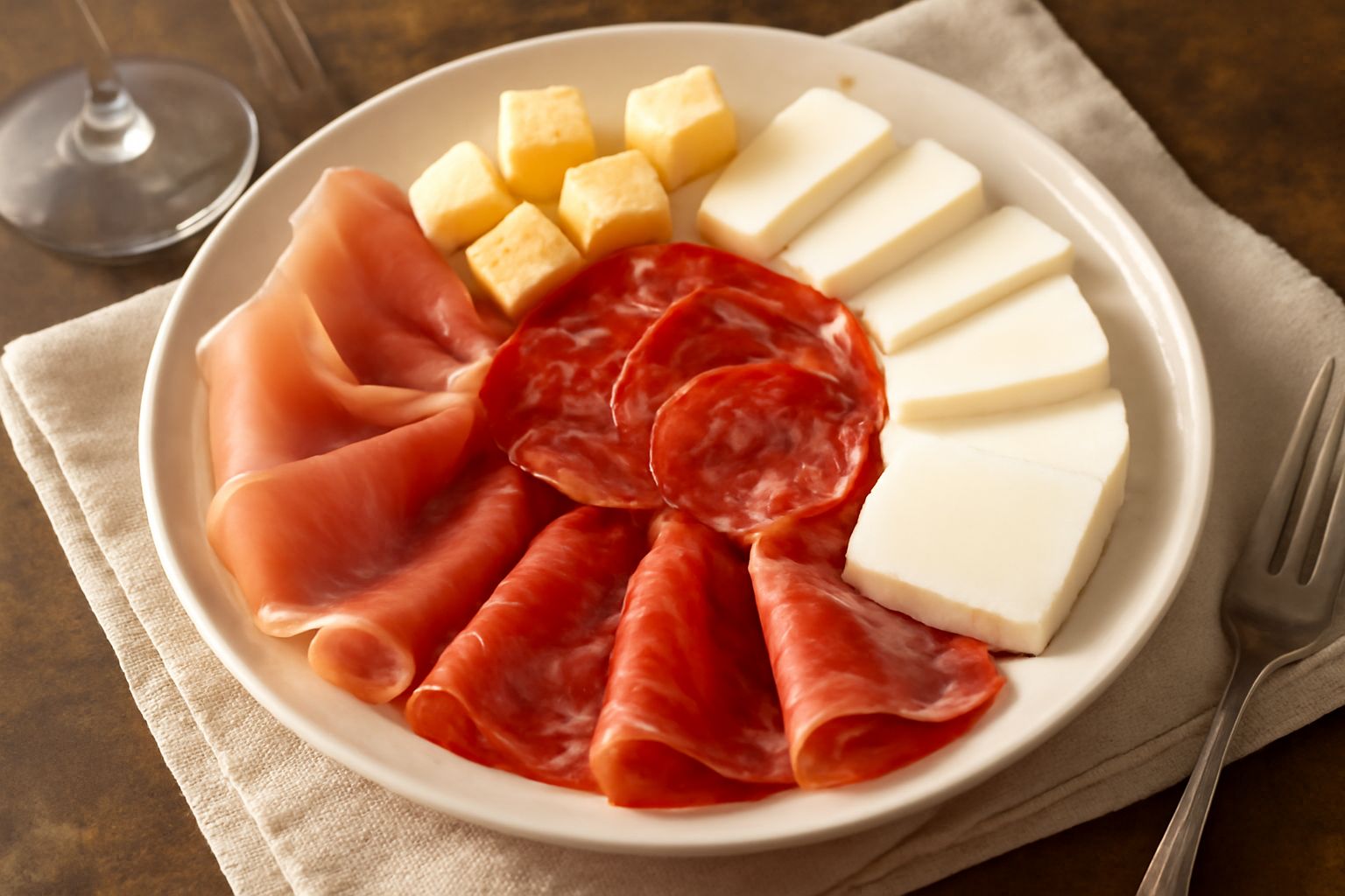 Tagliere di legno scuro con salumi affettati disposti in rose, cubetti di formaggi vari bianchi, gialli e blu, accompagnati da fette di pane tostato, noci sparse e uva rossa ai lati