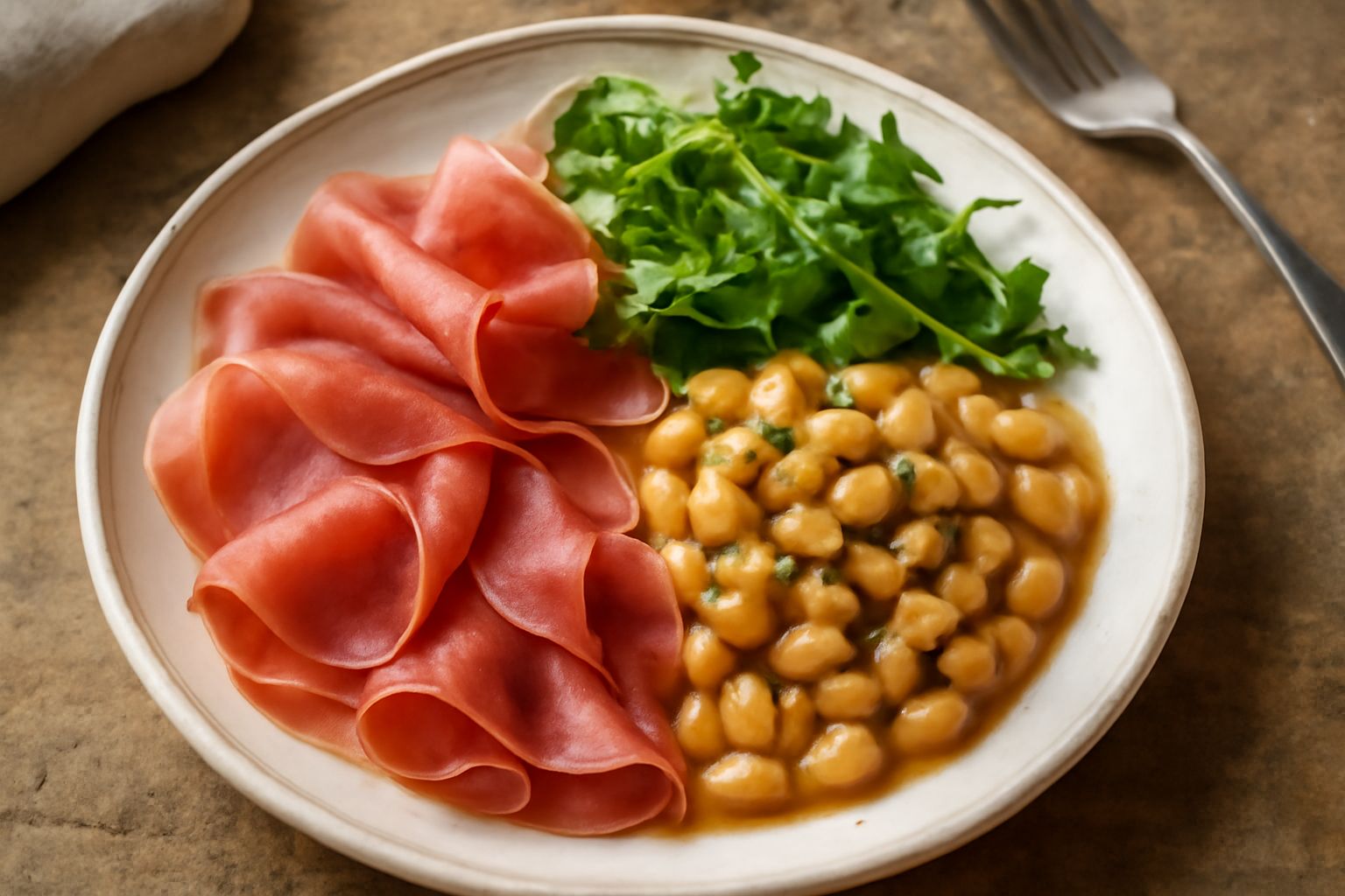 Piatto bianco con fette di salume rosato disposte in cerchio, accanto a fagioli rossi in umido, insalata di rucola fresca e pane tostato, illuminazione naturale da sopra
