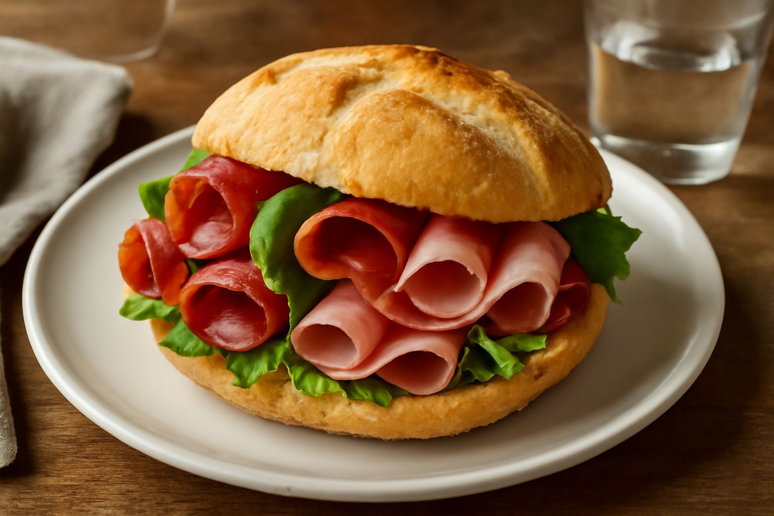 Panino aperto di pane casereccio tostato con fette di salume locale, insalata verde, pomodoro e formaggio morbido, impiattato su un piatto di terracotta con una bottiglia d'acqua accanto