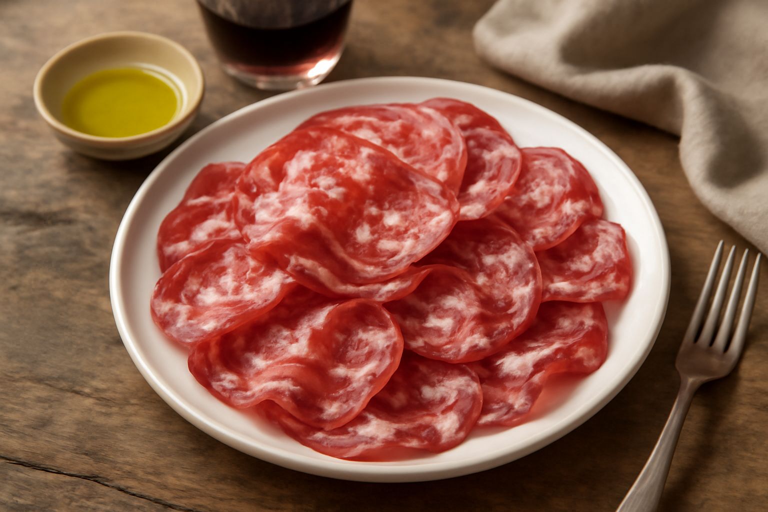Fette di coppa marchigiana tagliate sottili disposte a ventaglio su un piatto bianco, con marezzatura rosa e bianca visibile, accompagnate da pane tostato e una piccola ciotola di mostarda