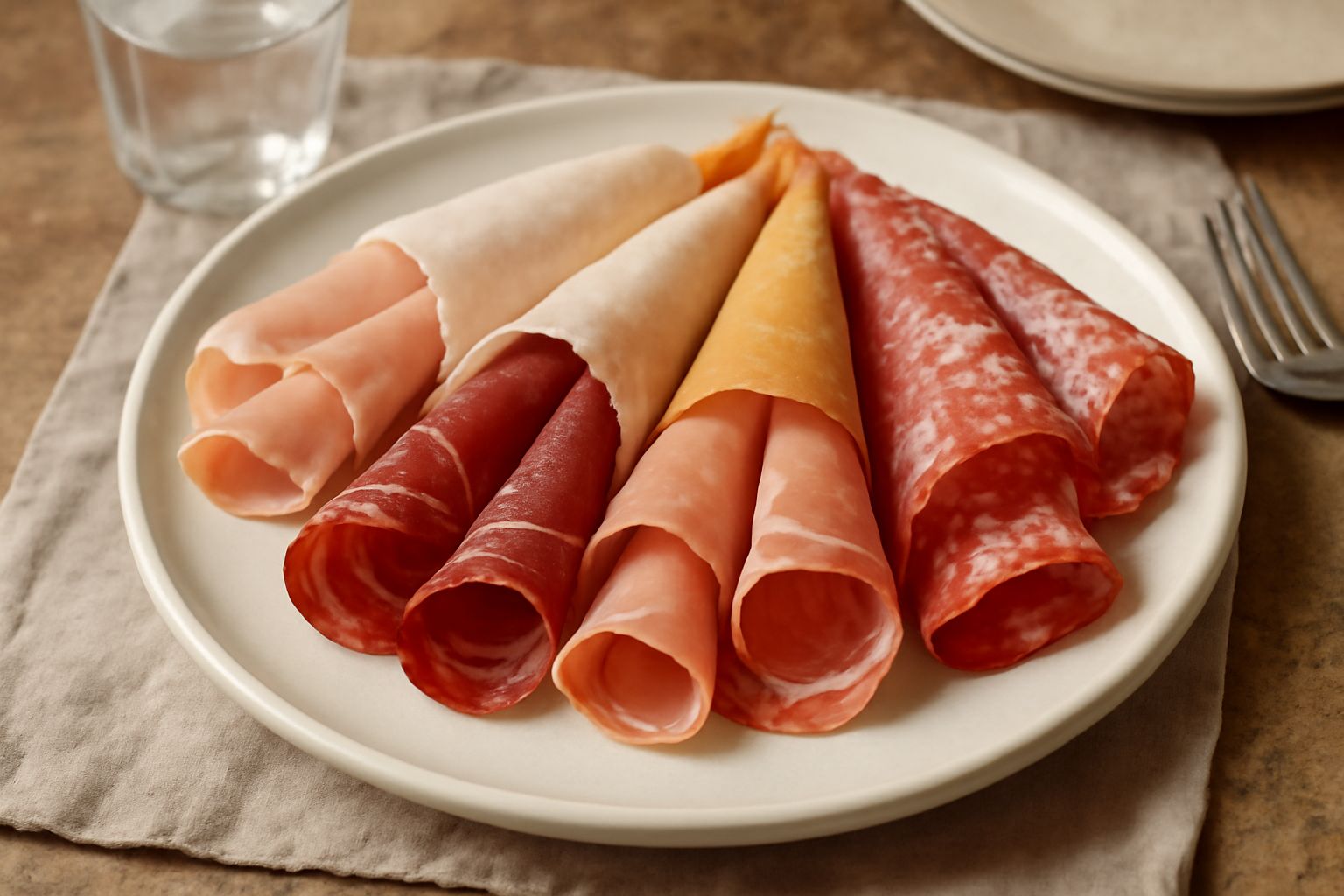 Vassoio con salumi misti affettati sottili avvolti in carta bianca: prosciutto rosa pallido, speck scuro, mortadella con grani di pepe visibili, culatello rosso intenso, disposti a ventaglio con carta