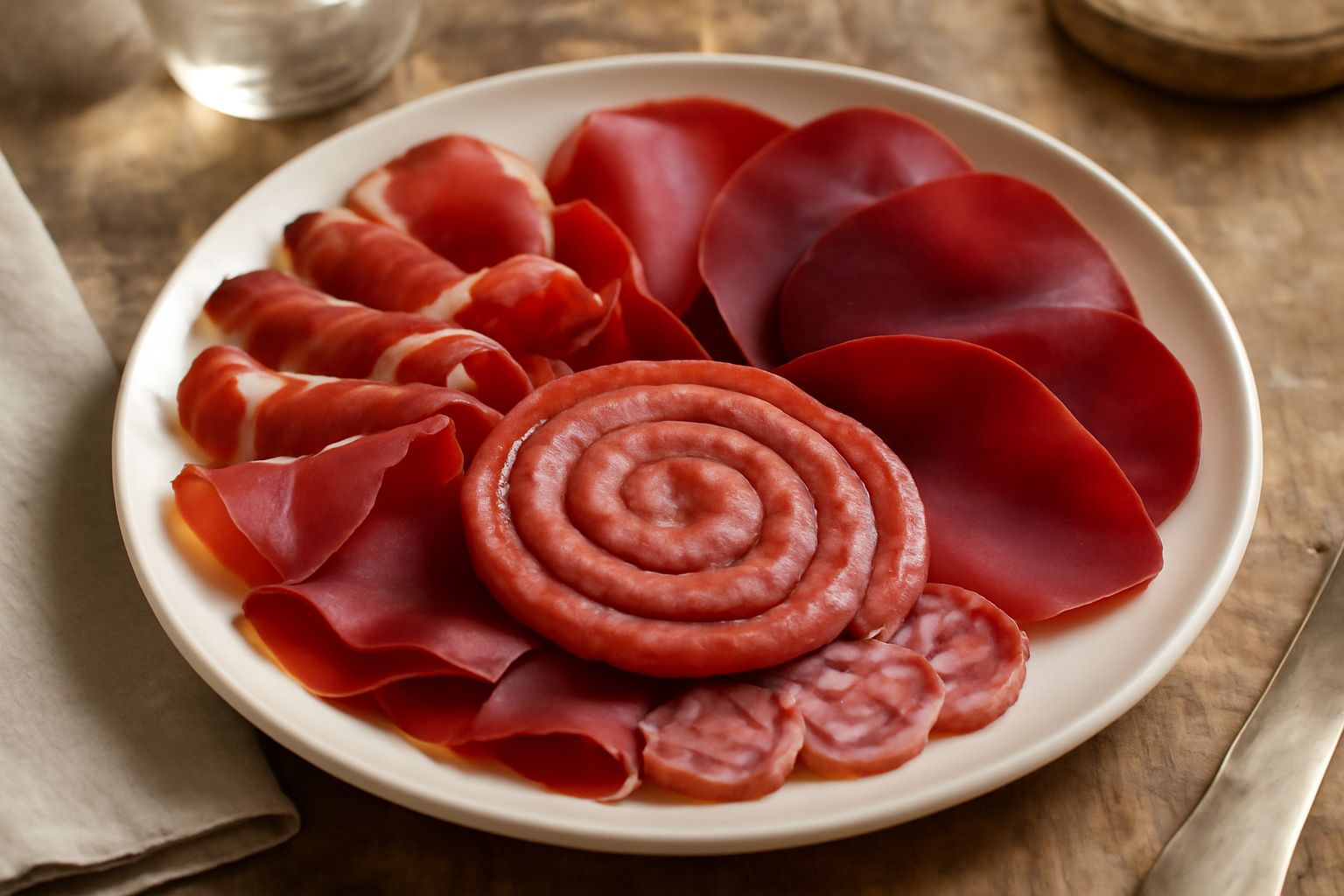 Tagliere in legno con salumi affettati: speck rosso scuro affumicato, bresaola color vinaccia, luganega arrotolata e pancetta, disposti su assi di legno naturale con pane scuro e noci
