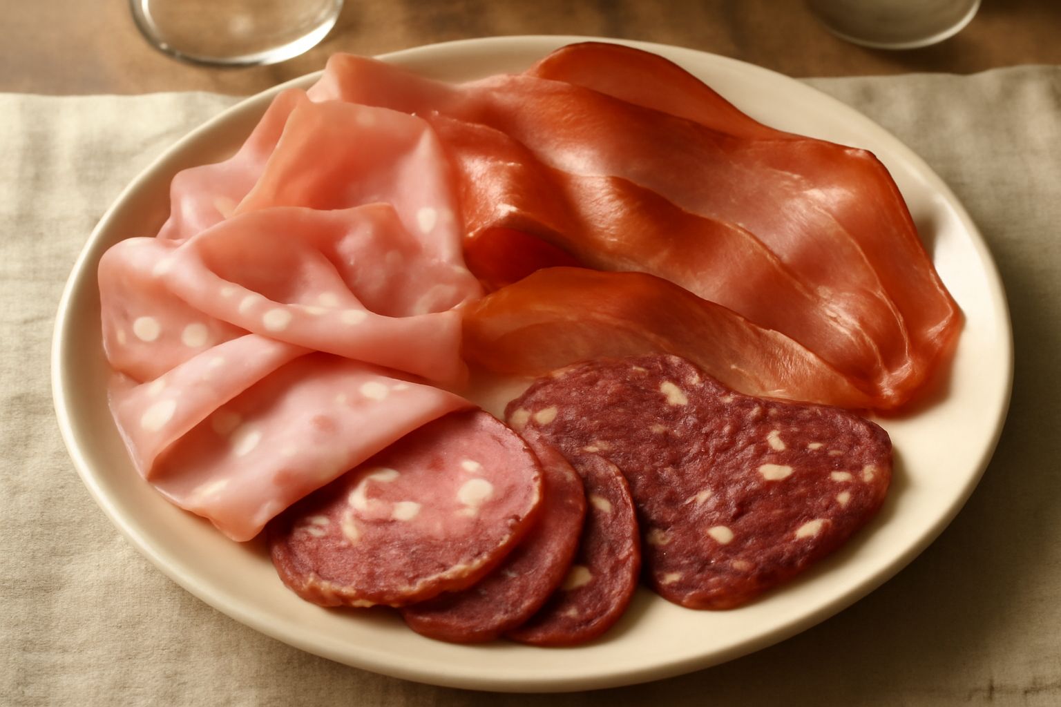 Tagliere di legno con salumi misti affettati disposti a ventaglio: prosciutto rosato, speck dorato, soppressata scura, mortadella rosa con lardelli bianchi, contadino, guanciale. Accanto formaggi, pan