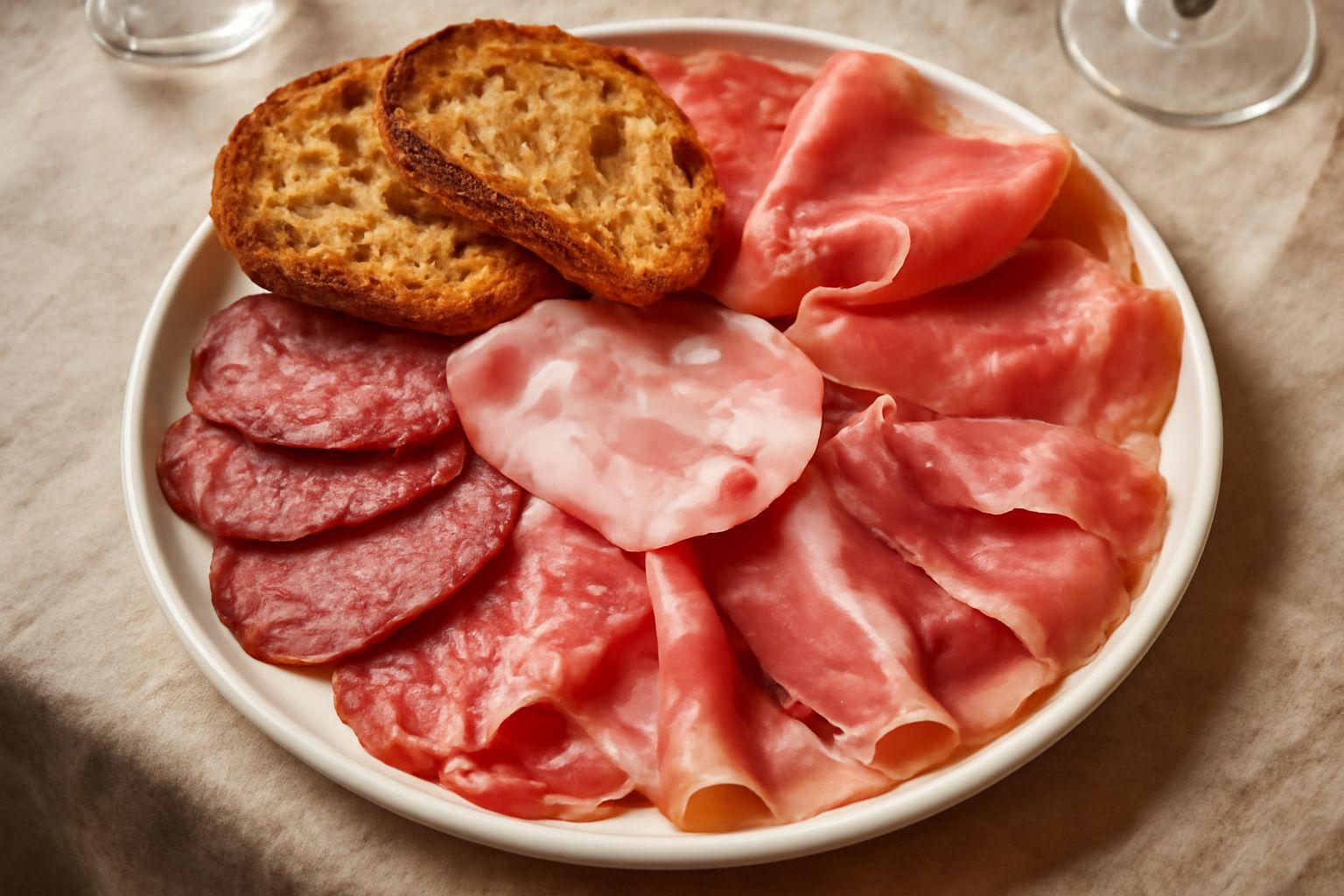 Piatto bianco con fette di prosciutto crudo, mortadella, salame e speck disposti a raggiera, accompagnati da fette di pane tostato leggermente obliquo, con olio d'oliva in bottiglia accanto