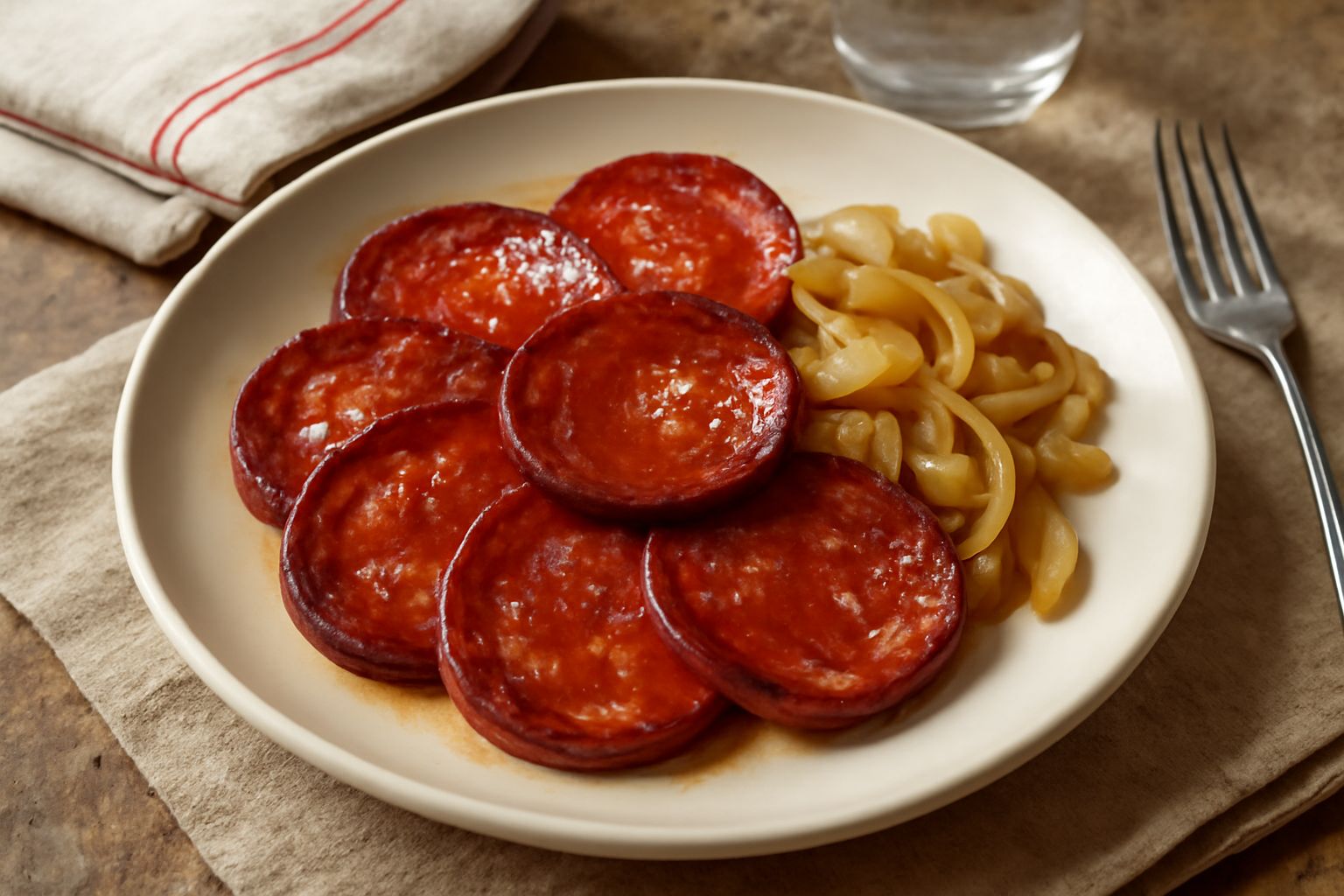 Fette di salume piemontese leggermente dorato e croccante ai bordi in padella nera, con cipolla trasparente e pepe nero visibile, servito caldo in bianco piatto.