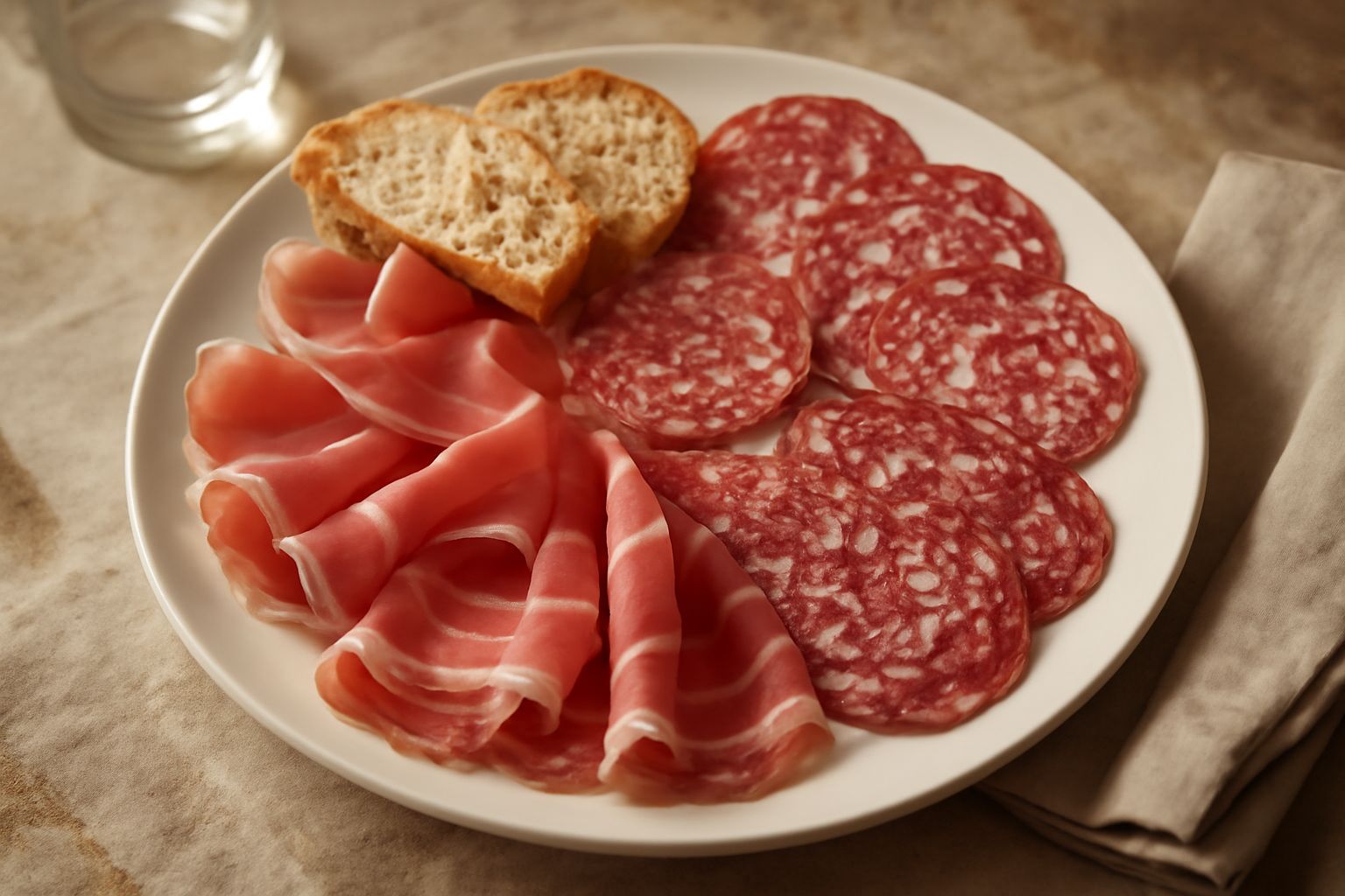 Fette di salumi toscani scuri e fragranti su un tagliere di legno con un coltello dalla lama larga, accanto un bicchiere di vino rosso
