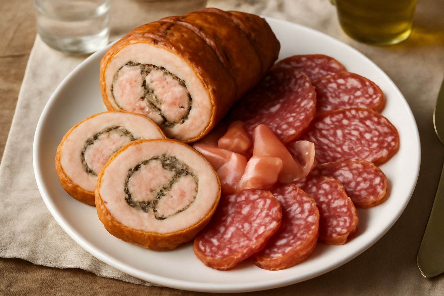Porchetta di Norcia intera e affettata su un tagliere di legno, con pelle dorata e croccante, carne rosata all'interno, contornata da erbe aromatiche fresche e limone tagliato a fette