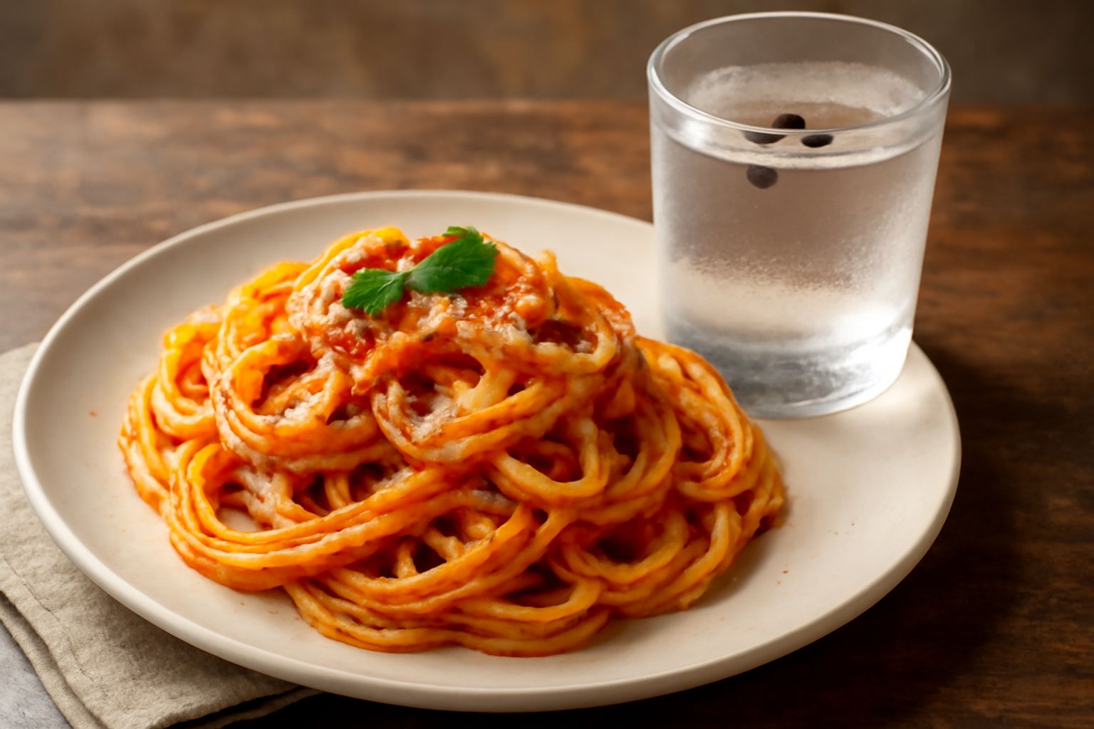 Bicchiere di sambuca trasparente e brillante con cubetti di ghiaccio e tre chicchi di caffè tostato sul fondo, su un tavolo scuro con sfondo sfumato