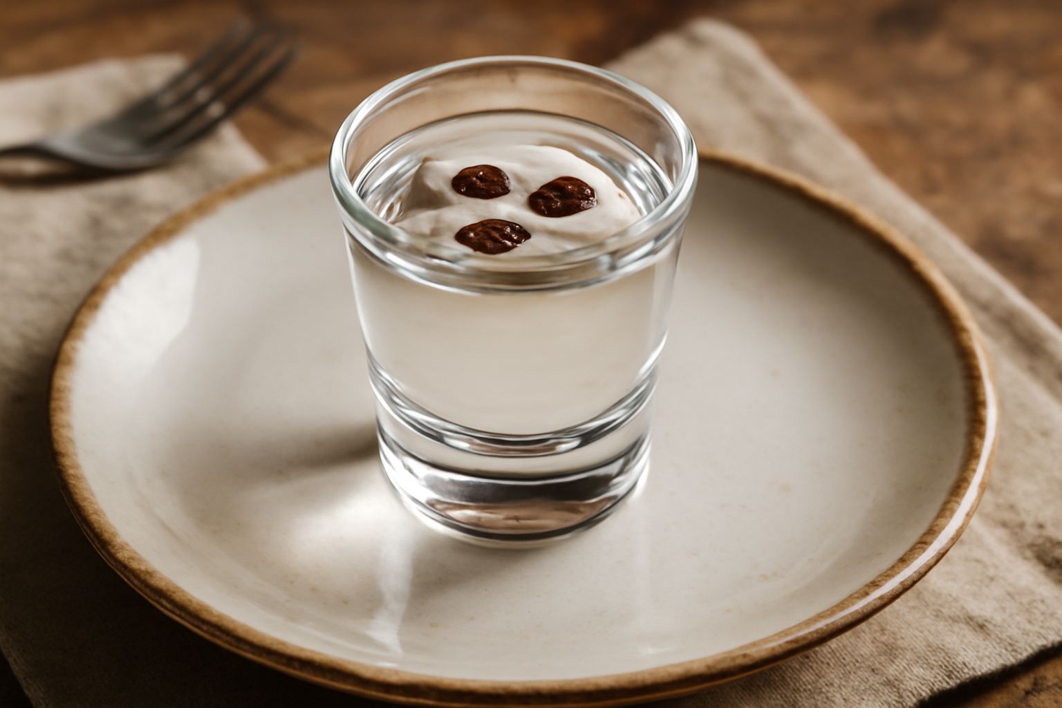 Bicchiere di Sambuca Romana trasparente e incolore con tre chicchi di caffè galleggianti in superficie, sfondo neutro illuminato da luce naturale