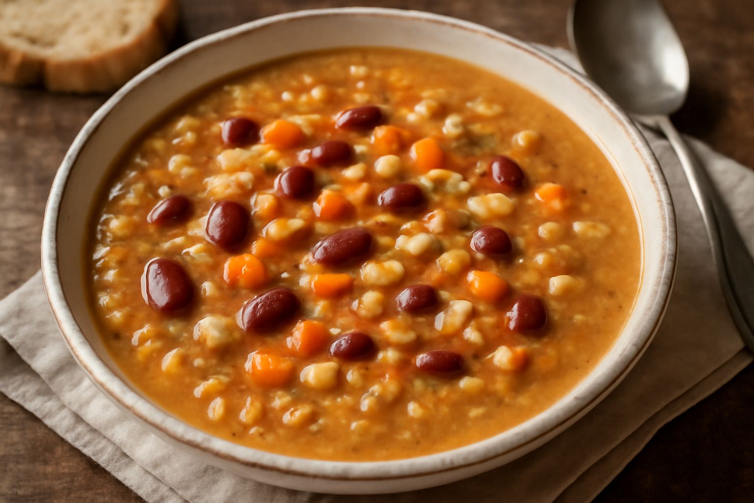 Una scodella di terracotta colma di zuppa densa marrone e verde con fagioli visibili, orzo, dadi di carota e sedano, contorno di pane tostato scuro, tovaglia lino naturale