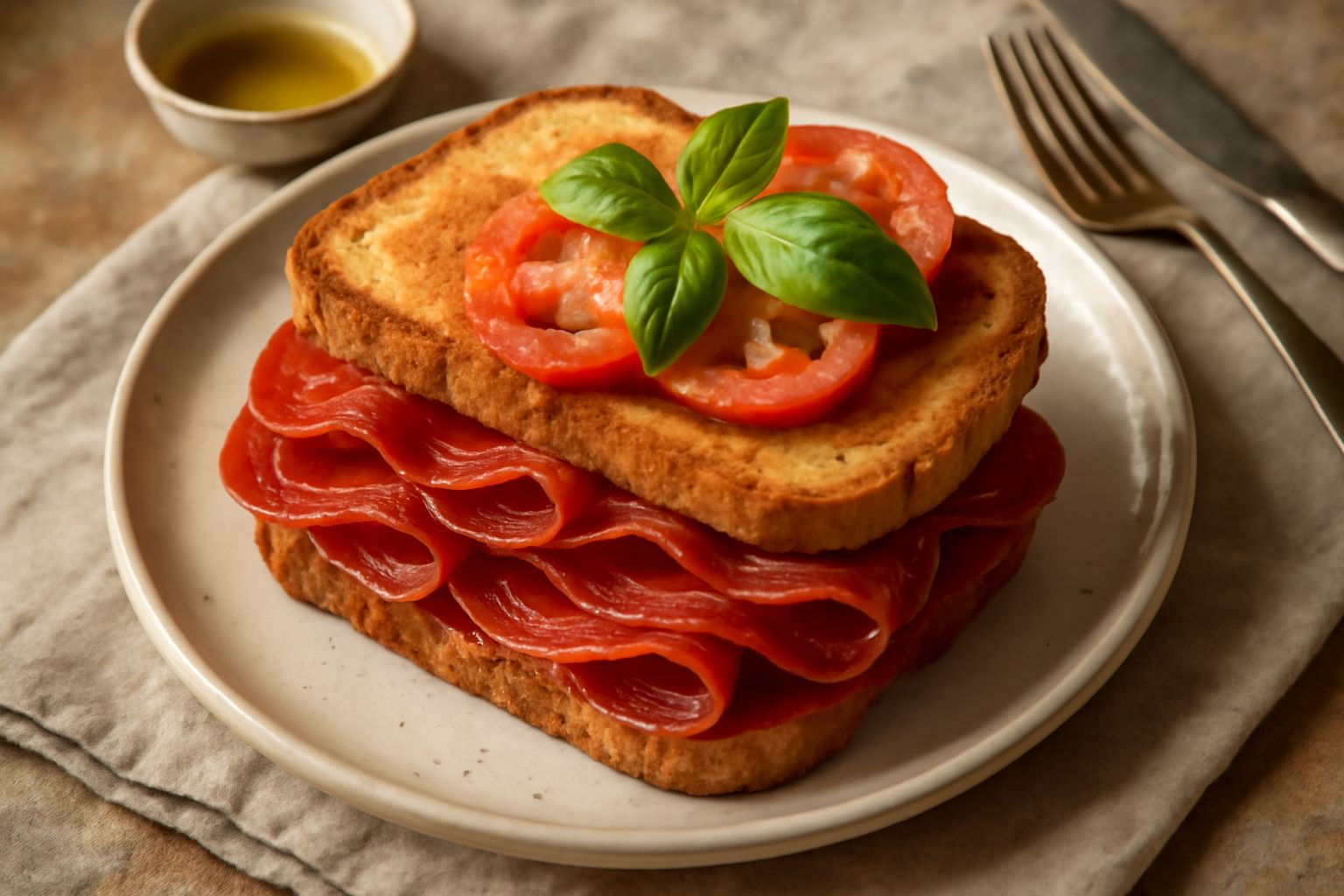 Sandwich di ventricina tagliato a metà, mostra il pane tostato dorato con ventricina affettata sottile, pomodoro fresco, rucola verde e formaggio di colore chiaro, servito su piatto bianco
