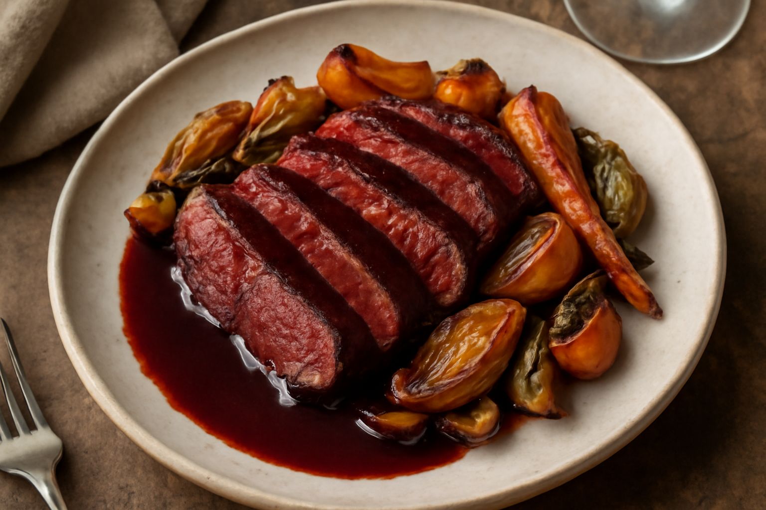Brasato di carne rosso scuro in umido, affettato su un piatto bianco con salsa di vino sangiovese, contorno di verdure rosse e radici arrostite, decorato con erbe aromatiche fresche