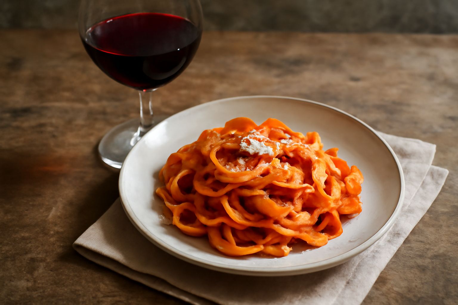 Un bicchiere di Sangiovese rosso rubino con sfumature granato, calice cristallino, accanto a un piatto di pasta all'aglione in bianco su tavolo in legno rustico con cucchiaio in legno