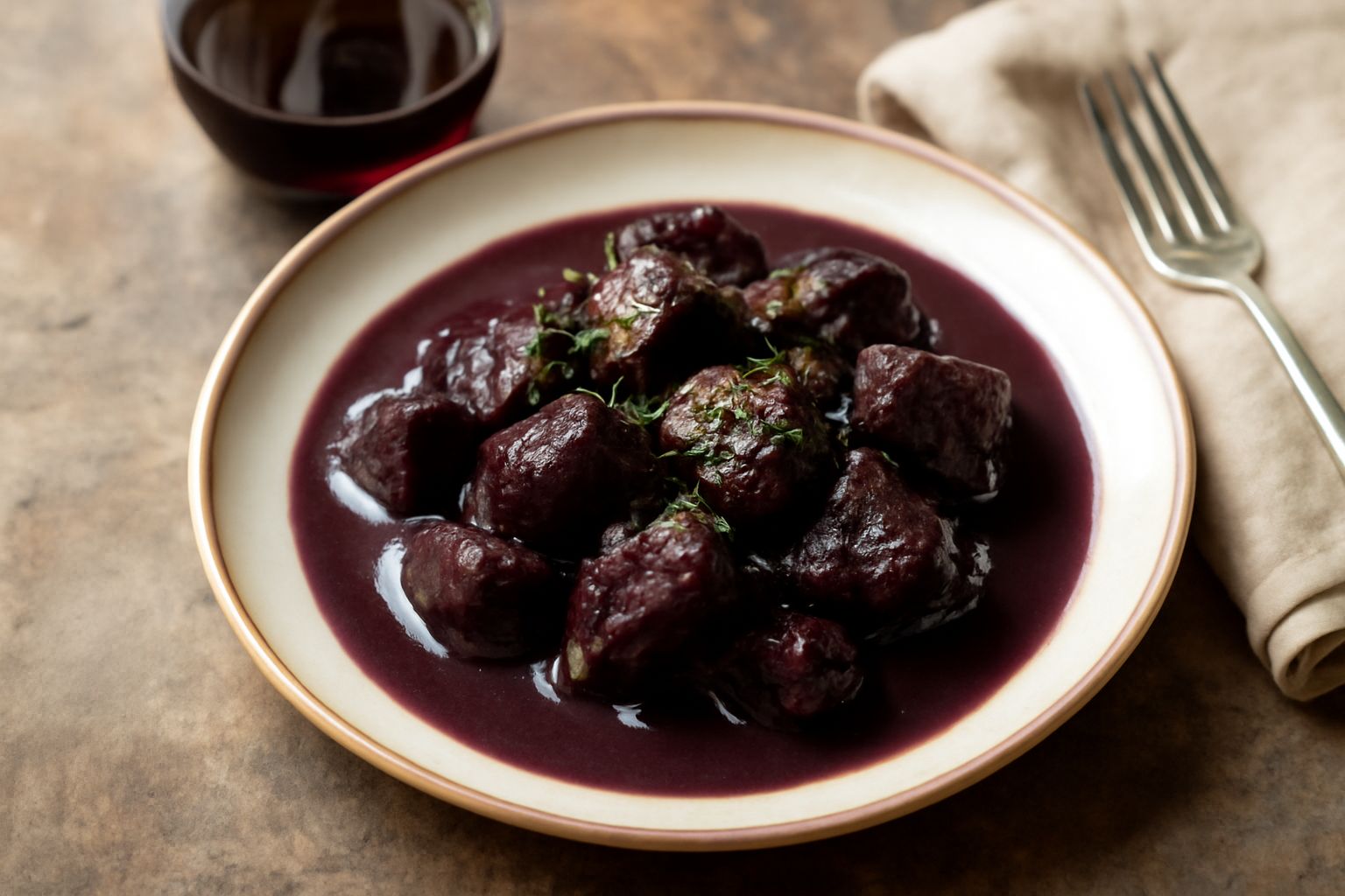 Un bicchiere di vino rosso Sangiovese con riflessi granato, accanto a una braciola di carne rossa appena cotta e un piatto di formaggi locali, su tavolo di legno chiaro