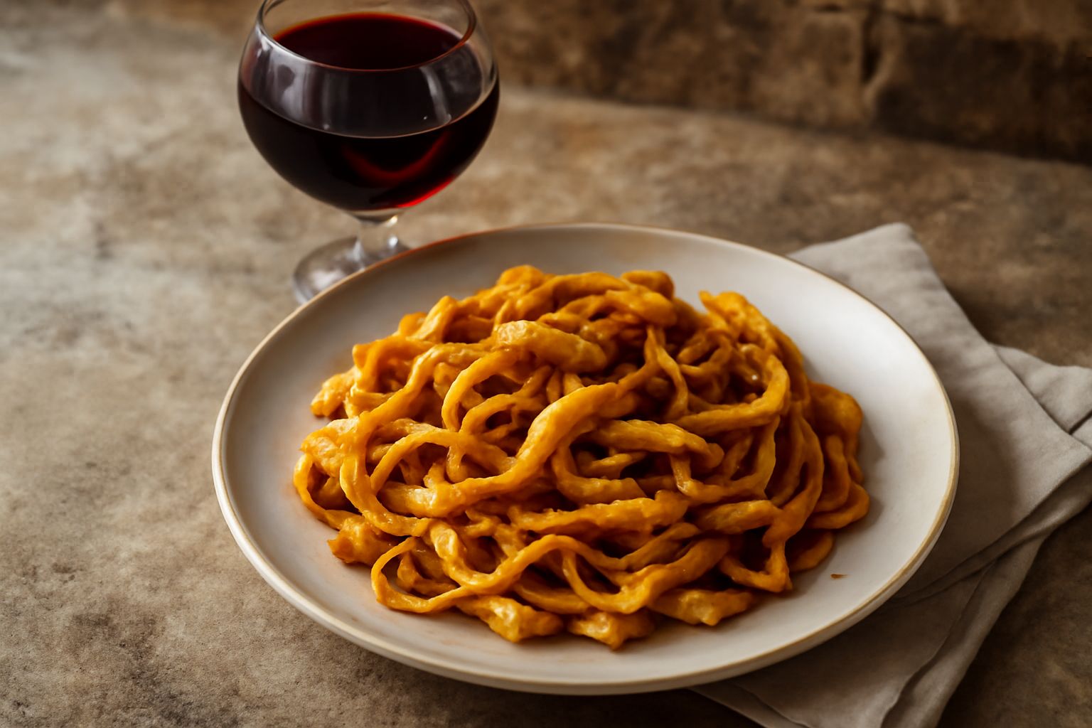 Calice di Sangiovese di Romagna riempito di vino rosso rubino trasparente, con riflessi luminosi, accanto a una bottiglia scura etichettata, su un tavolo di legno con sfondo sfumato di tonalità calde