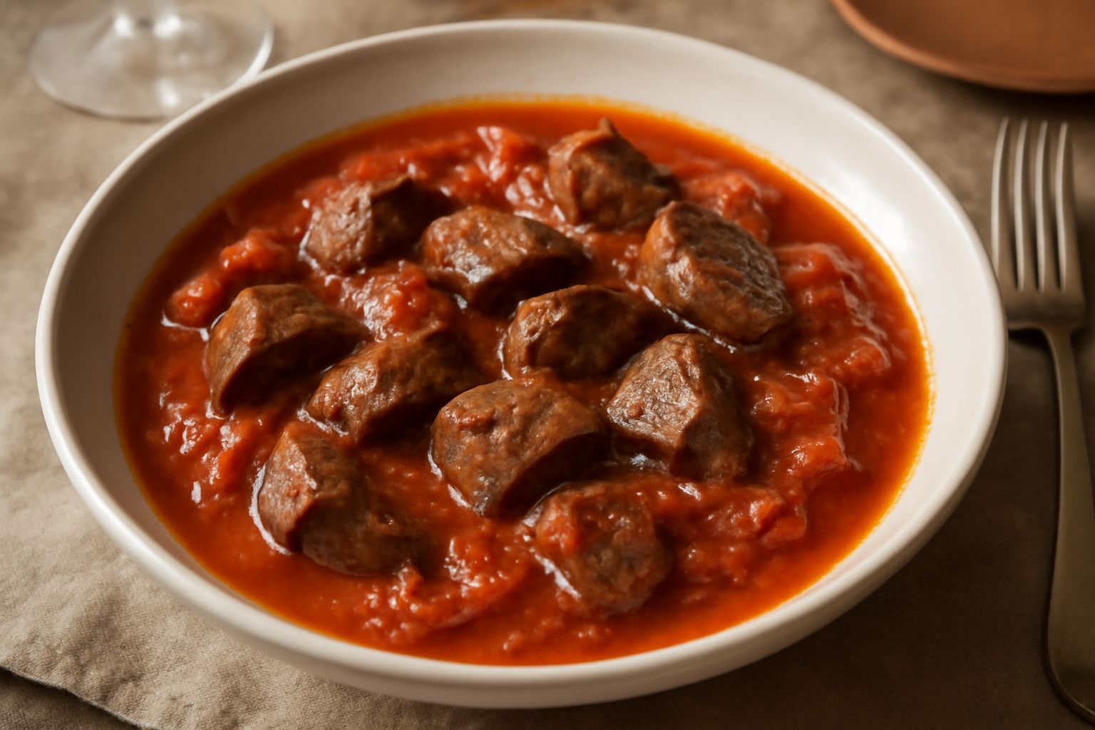Piatto bianco con sangiovese laziale: fegato di maiale in pezzi marrone scuro, umido di pomodoro rosso acceso, cipolla morbida visibile, prezzemolo fresco verde in cima, contorno di pane tostato ai la