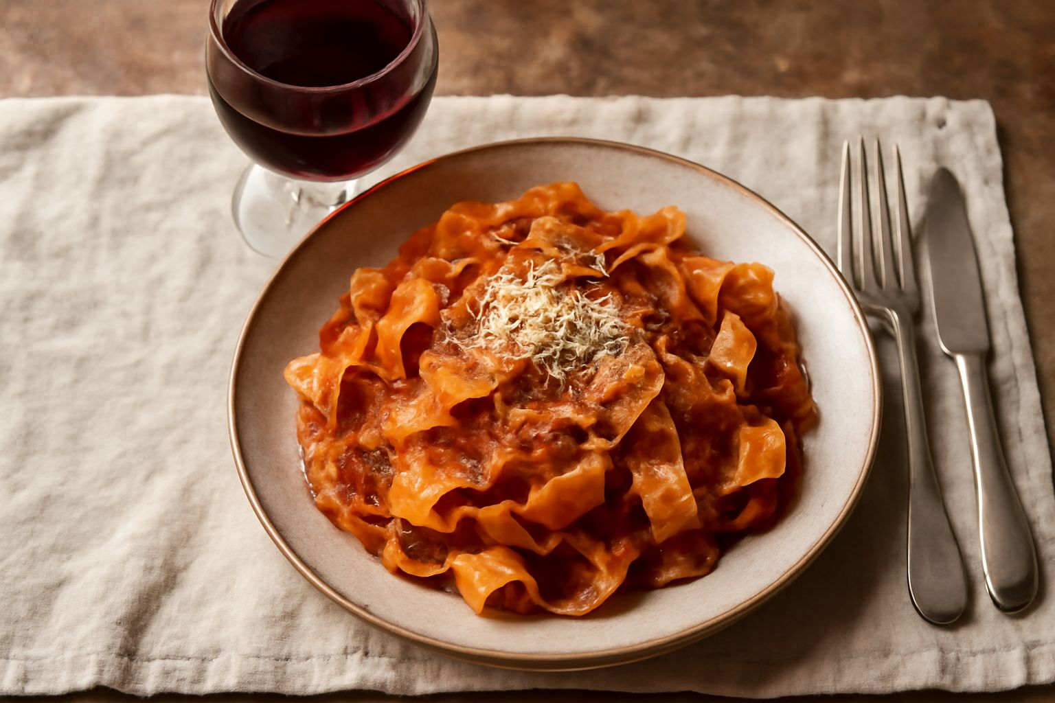 Calice di vino rosso Sangiovese pesarese davanti a una bottiglia, con sfondo di colline dolci marchigiane e vigneti verdi in autunno